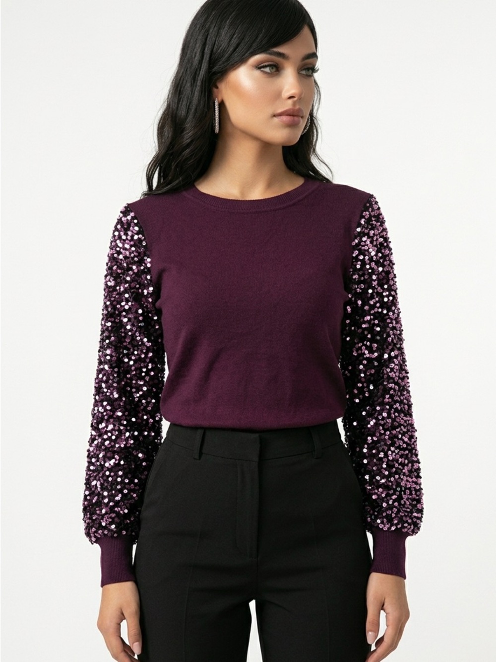 Plum Sequin-Sleeve Knit Sweater - Women's